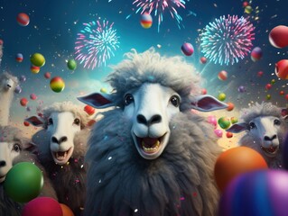 Happy animated sheep with colorful balls and fireworks celebrating a festive event in a lively scene