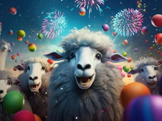 Selbstklebende Fototapeten Happy animated sheep with colorful balls and fireworks celebrating a festive event in a lively scene © Glittering Humanity