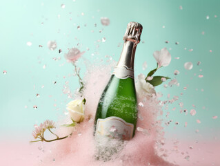A champagne bottle surrounded by a dynamic burst of flowers and petals against a soft backdrop