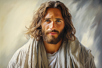 portrait of jesus christ serious and looking at camera. Catholicism in religion in christmas	