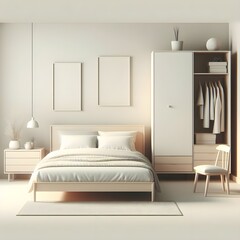Minimalist interior, Minimal, A minimalist bedroom with a simple bed, nightstand, and dresser