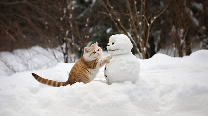 雪景色の中、茶色の猫が雪だるまを作っている写真、余白多め