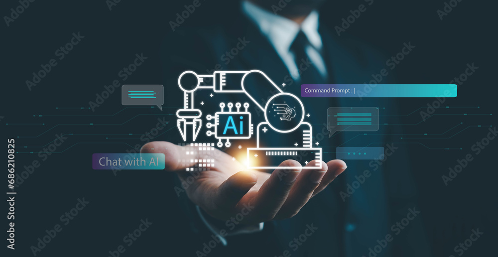 Poster ai technology, businessman show virtual graphic global internet connect chat with ai, artificial int