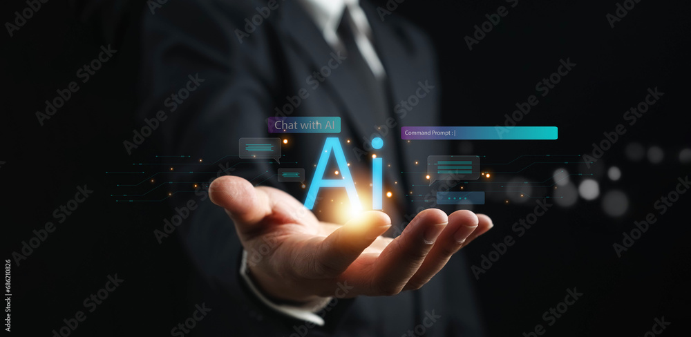 Poster ai technology, businessman show virtual graphic global internet connect chat with ai, artificial int