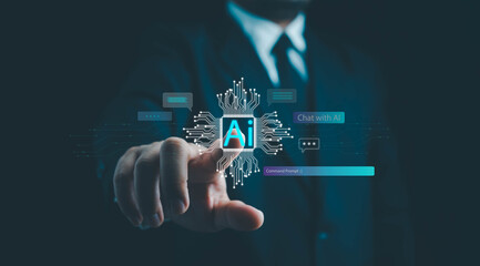 Ai technology, businessman show virtual graphic Global Internet connect Chat with AI, Artificial...