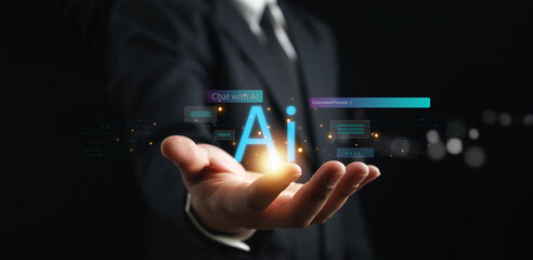 Ai technology, businessman show virtual graphic Global Internet connect Chat with AI, Artificial...
