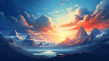 Fantasy landscape with mountains, clouds and the moon in the night sky, A majestic mountain range at sunrise or sunset - generative AI