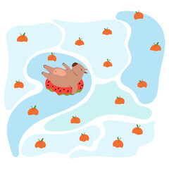 Cute capybara in the pool in flat style. Vector illustration of a capybara for a postcard, children's clothing.