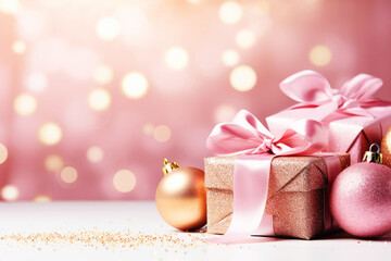 Merry Christmas background with pink festive gift boxes and Christmas balls. Holiday Christmas and New Year composition with copy space.