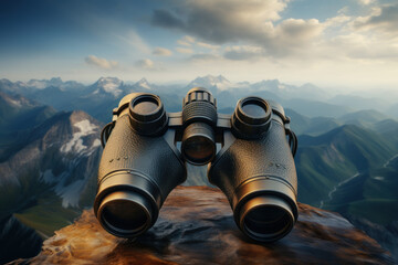 A pair of binoculars against a backdrop of distant mountains, embodying the spirit of exploration...