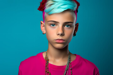 Colorful studio portrait of a cool teenager boy with age specific outfit and accessories. Bold, vibrant and minimalist. Generative AI