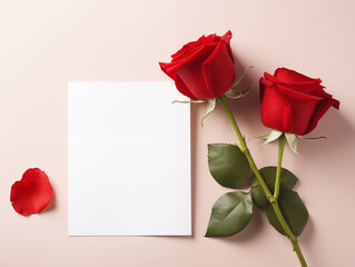 Top view of red rose flowers for valentines day with blank card