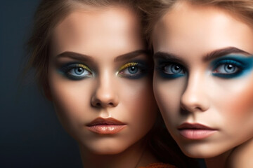 Two women with an expressive look, blue eyes and colorful makeup, eyebrows, eyelashes, eyeshadow, mascara, cosmetics and skin care