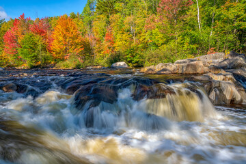 Vibrant autumn leaves on the riverbank with cascading water combine to create a symphony of nature's beauty.