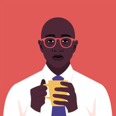 A sad and tired African man is holding a cup of coffee in his hands. An overworked manager. Vector flat illustration
