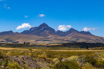 Rumiñahui volcano, blue sky and rocks
