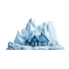 Fotobehang A toy house on a glacier with a blue roo isolated on transparent background © Tohamina