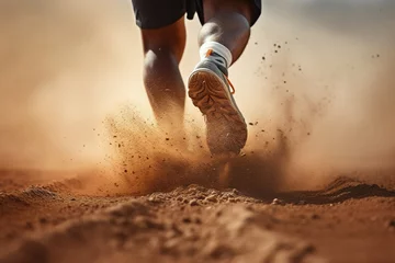 Zelfklevend Fotobehang Rear view closeup sport shoe of racer in running on trail with dust. Banner sneaker fitness for track © MaxSimplify