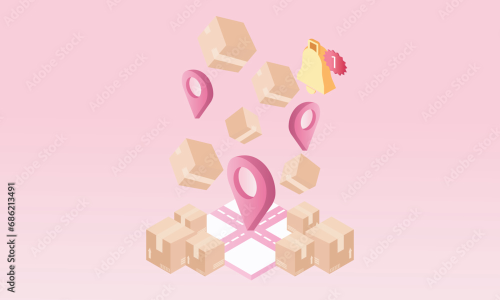 Poster 3d minimal logistic online deliver service, delivery tracking concept, pin location point marker of 