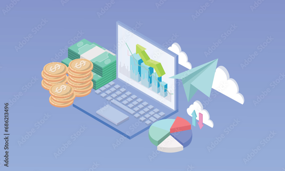 Poster 3d minimal online trading with laptop on blue sky cloud background. 3d notebook using funding busine