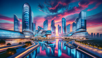 As twilight descends, the futuristic city is a spectacle of vivid pinks and blues, with modern buildings reflecting off the serene river