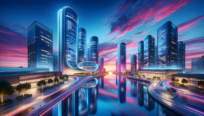 Fototapeta na wymiar As twilight descends, the futuristic city is a spectacle of vivid pinks and blues, with modern buildings reflecting off the serene river