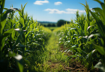 Obraz premium Cornfield, farm and green pasture in nature with background, mockup space and sunshine. Agriculture, outdoor and summer in countryside, farm and growth with sustainability, development and landscape