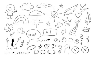 Collection of hand drawn doodle drawings in childish style. Doodle arrows, clouds, hearts, stars, crown and shapes. Vector illustration