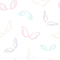 Seamless pattern of hand drawn wings in different shapes. Doodle wings ornament. Vector illustration