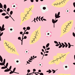 Seamless pattern of botanical elements in doodle style. Doodle flowers and leaves on pink background. Vector illustration