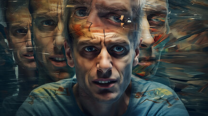 The face of a distressed man struggles with split personally dissorder or conflicts of interest. Multiple exposure and angles.	