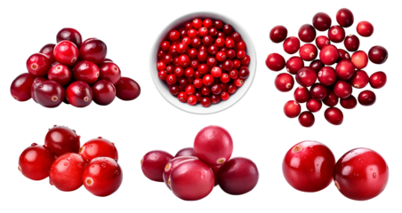 Red cranberry cranberries, many angles and view side top front heap pile bunch isolated on transparent background cutout, PNG file. Mockup template for artwork graphic design
