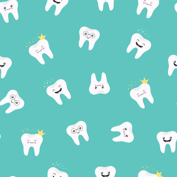 Cute cartoon tooth seamless pattern. Funny tooth with a crown and eyeglasses. Vector illustration