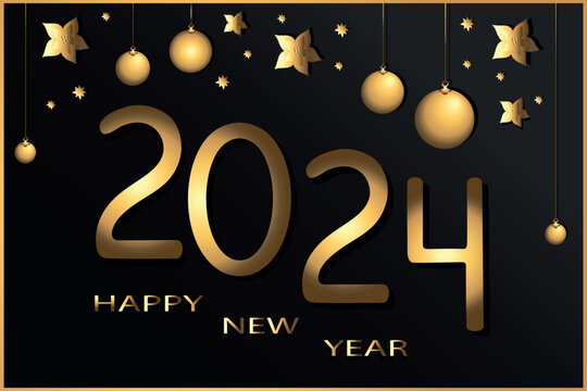 Happy New Year 2024. Gold numbers on black background decorated with star confetti and festive balls. Hand drawn vector illustration
