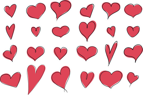 Hand drawn heart collection. Doodle hearts in different shapes. Vector illustration