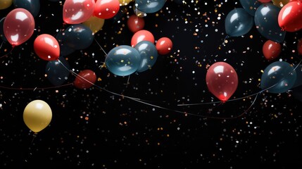 Colorful balloons and confetti on a black background. Copy space