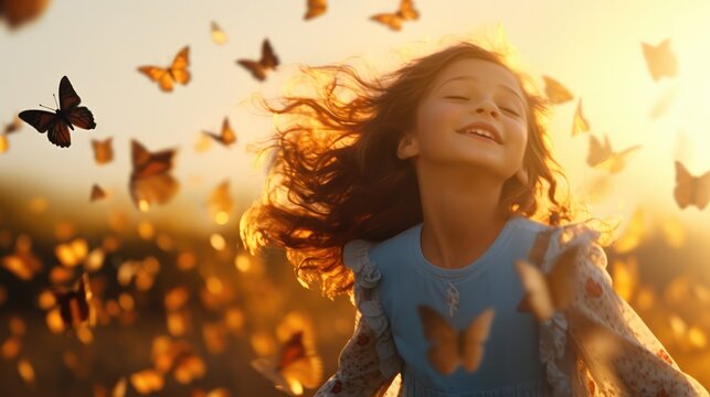 Cute little girl with flying butterflies in field at sunset, closeup