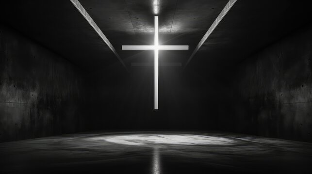 Luminous cross in a dark room with light coming from above.