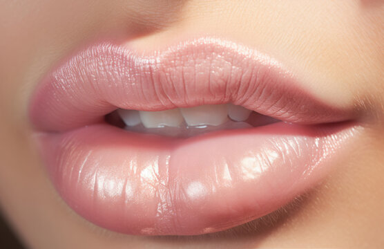 Woman, lips and cosmetics closeup of a female mouth for beauty, plastic surgery and treatment. Full, beautiful and texture of natural model with filler for makeup, nude lipstick shade and cosmetology