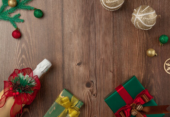 Christmas wood background with decoration, gifts and champagne
