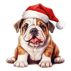 Illustrated smiley  bulldog puppy dog wearing santa hat in style suitable for children, christmas theme isolated on white background.