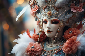 Elaborate masks adorned with feathers and jewels, a hallmark of the Carnival of Venice, celebrate the city's rich history and tradition. Generative Ai. - obrazy, fototapety, plakaty