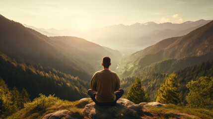 Meditation, landscape and man sitting on mountain top for mindfulness and relax spirituality. Peaceful, stress free and focus in nature with view, for mental health, zen and meditating lotus practise - obrazy, fototapety, plakaty