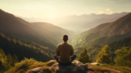 Gordijnen Meditation, landscape and man sitting on mountain top for mindfulness and relax spirituality. Peaceful, stress free and focus in nature with view, for mental health, zen and meditating lotus practise © MalamboBot/Peopleimages - AI