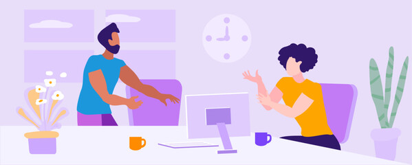 Family in the home office. Guys talk emotionally. Window with indoor plants. Vector illustration