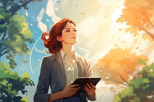 businesswoman with tablet in hands relax in nature