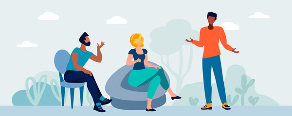 Obraz premium A woman and men are talking against a background of trees and bushes. Discussion.. Dialogues in the park. Environment conservation concept. Vector illustration