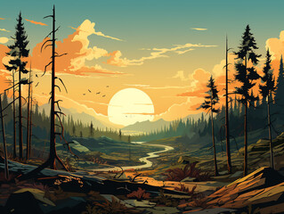 Illustration of a dense forest gradually transforming into a barren landscape. Because of the impact of deforestation.