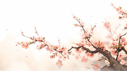 Hand-drawn beautiful Chinese style ink illustration of plum blossoms blooming in spring
