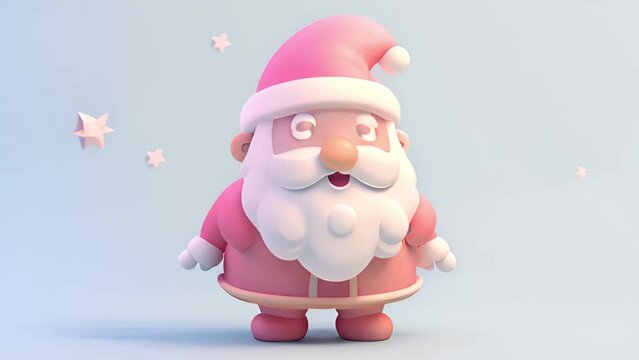 Moving Cute Santa Claus cartoon pastel colored. Merry Christmas and Happy New Year. Realistic 3d cartoon Santa Claus with funny smile, with red bag of gifts. Xmas Holiday background, web poster. illus